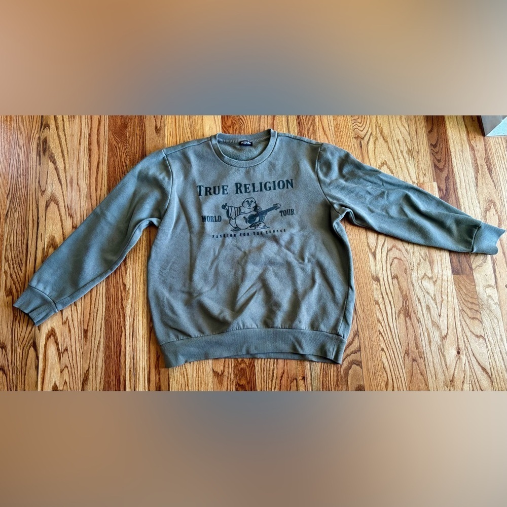 True Religion Buddha Pullover Sweatshirt - Gray with Black Graphic - Large